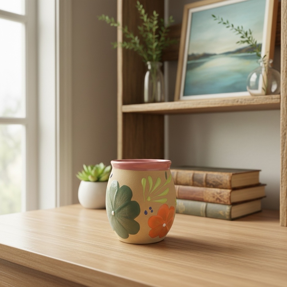 Handcrafted Floral Ceramic Mug with Pink Rim